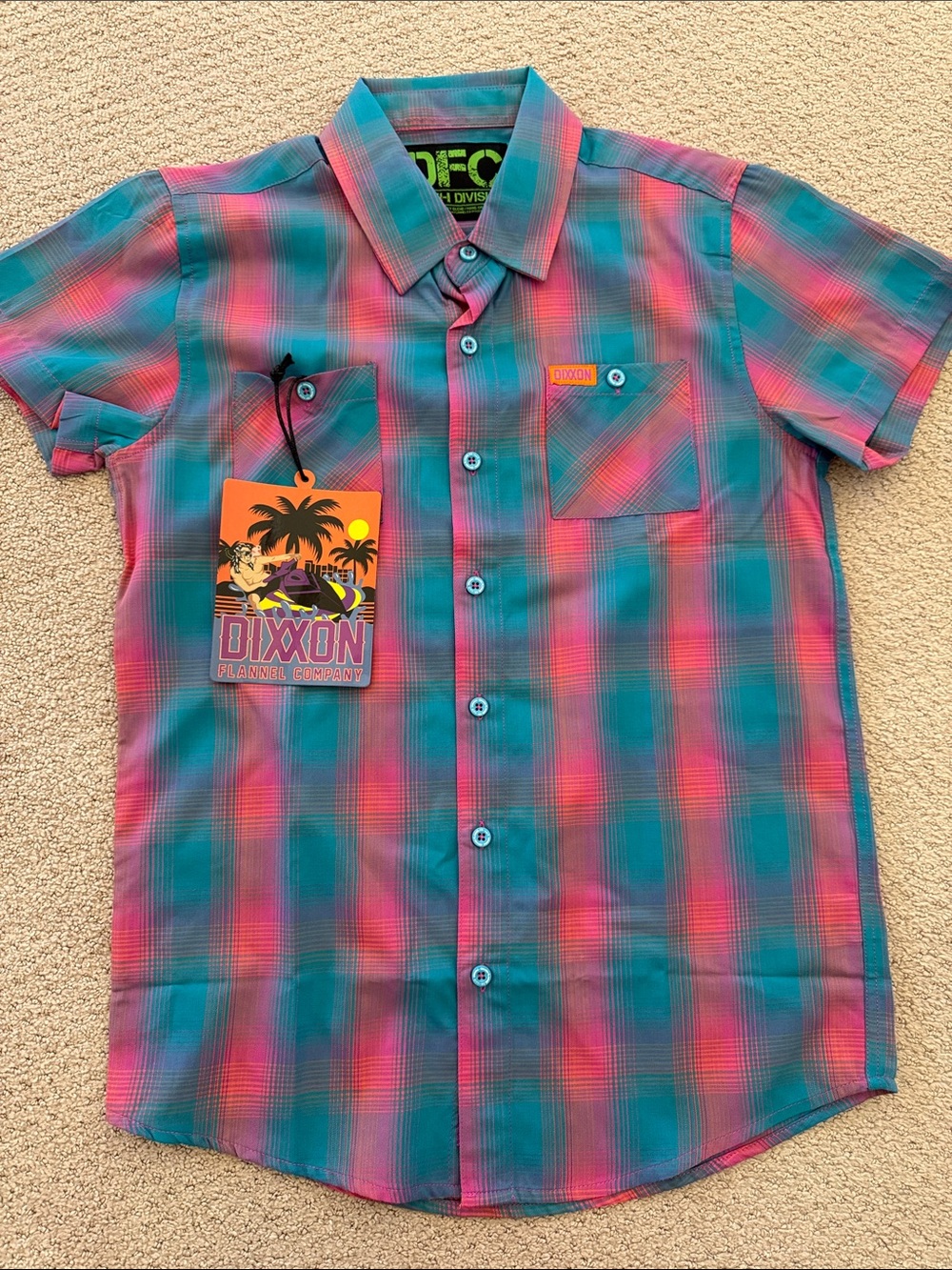 Dixxon Short-Sleeve Teal & Pink Plaid Button-Up Shirt youth large
